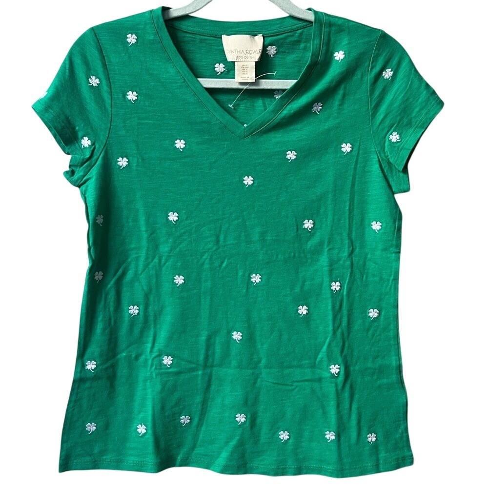 Cynthia Rowley V Neck Embroidered 4 Leaf Clover T Shirt Small Green White NWOT